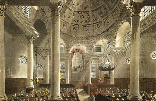 Coloured illustration of the inside of St Stephen's Walbrook in London with sun shining through the windows, large dome roof and sitting congregation 