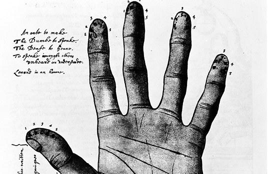 'Sign language system for the deaf and dumb' sketch and text of the palm of a hand by Christopher Wren