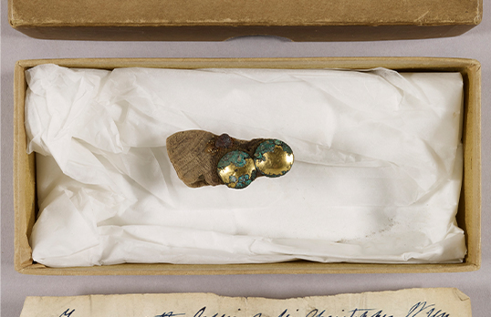 Small wooden piece of Christopher Wren's coffin inside a protected museum storage box