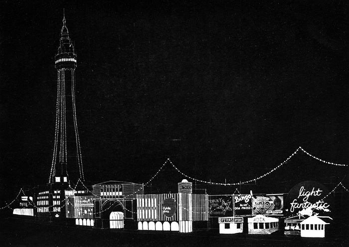 Black and white graphic sketch of the Blackpool waterfront, including the Blackpool Tower