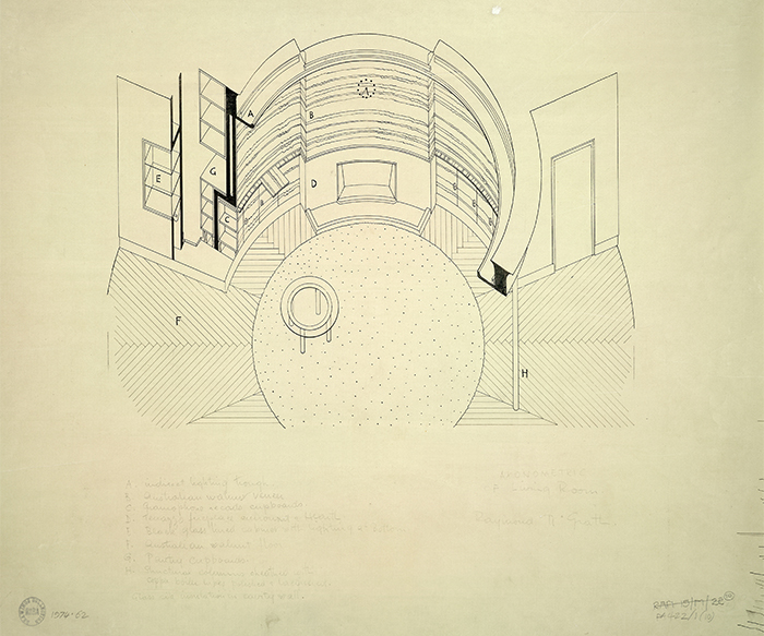 Axonometric design of a round living room on paper