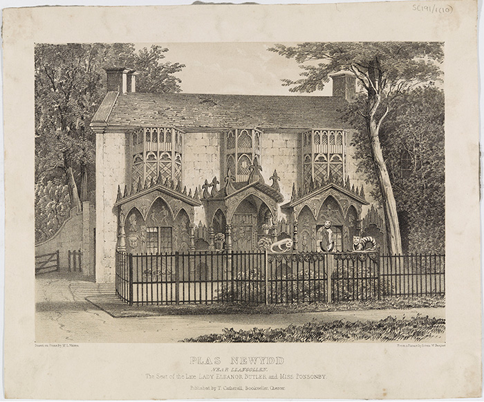 Print of Plas Newydd, LLangollen - a two storey Gothic cottage with decorated bay windows 