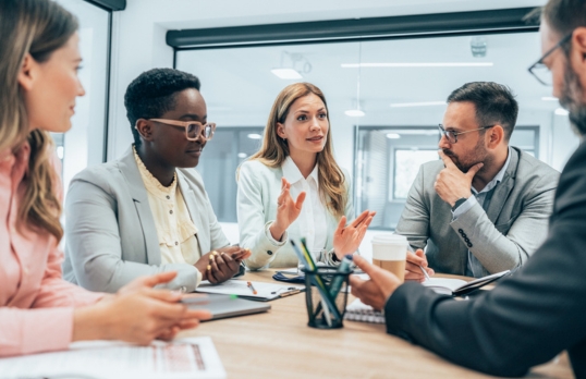 A group of women and men sitting around a table in a meeting room discussing a topic
