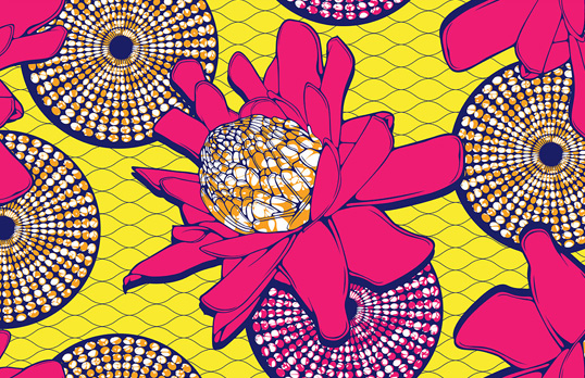 Graphic of pink flowers on a yellow background