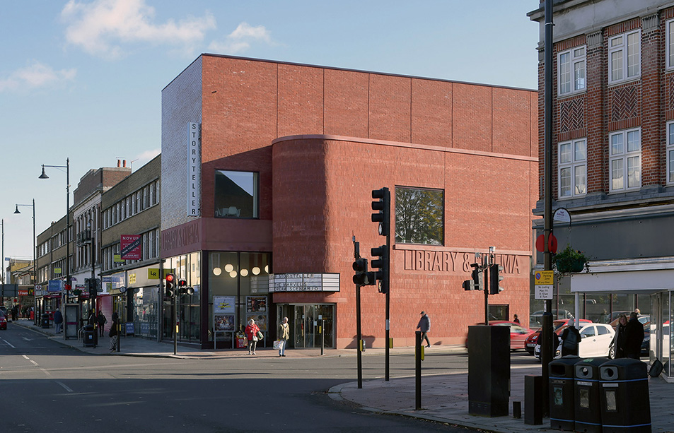 Street view of Sidcup Library's curved brick exterior with cinema signage