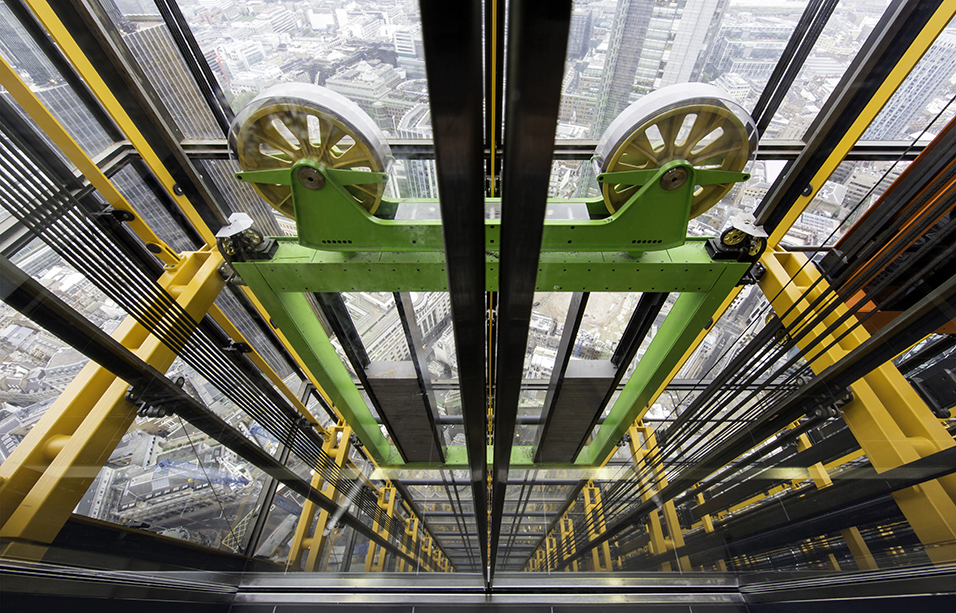 Leadenhall Building, City of London: inside a lift shaft looking down, at the rear of the building Gerald McLean / RIBA Collections