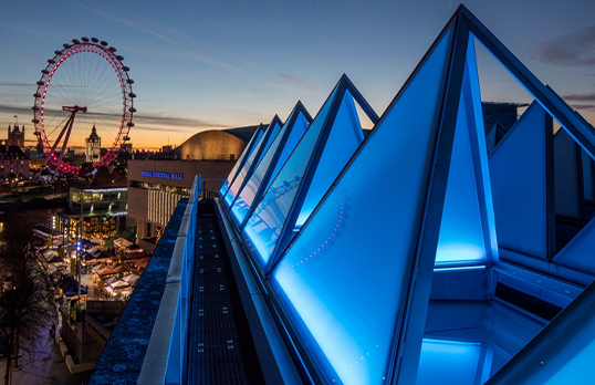 Rooftop view of Southbank Centre and London Eye at sunset