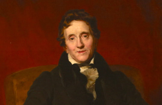 Oil painting of man with brown curled hair in 18th century attire against a red background