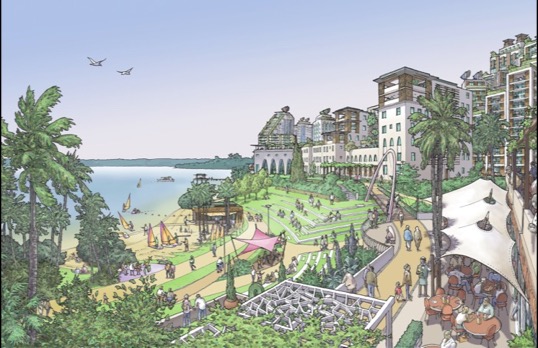 Illustration of proposed parkland on shoreline with buildings overlooking.