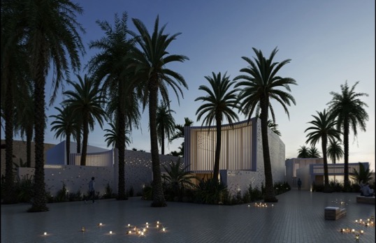 Modern building surrounded by palm trees and candlelight pictured at dusk.