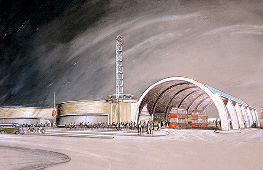 Design for an underground railway and bus station for London Transport, Newbury Park, Redbridge, London