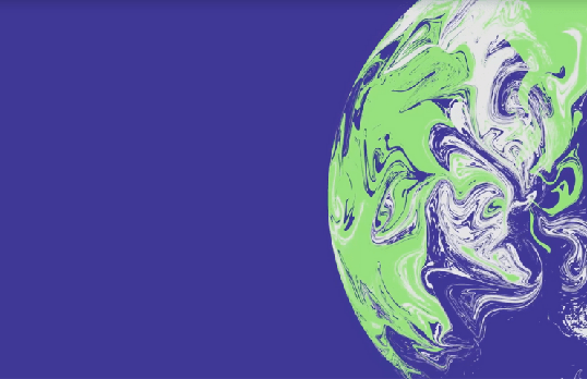 Purple backdrop and graphic of the earth with clouds in green and white to the right hand side of the image