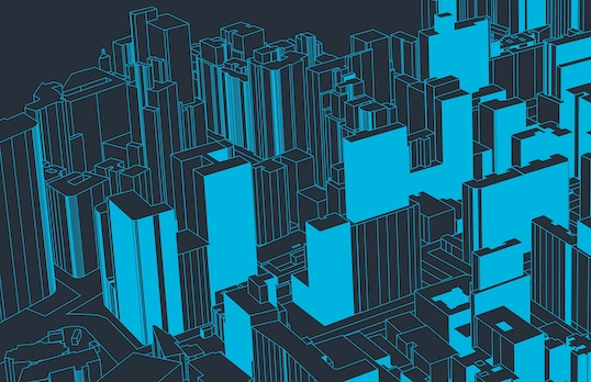 Blue illustration of sky rise buildings in a city