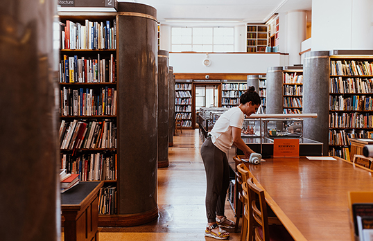 A reader consulting books in the library
