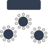 Grey circles around three navy circular tables facing a rectangular navy stage