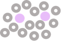 grey circles randomly dotted around two small reception style purple tables