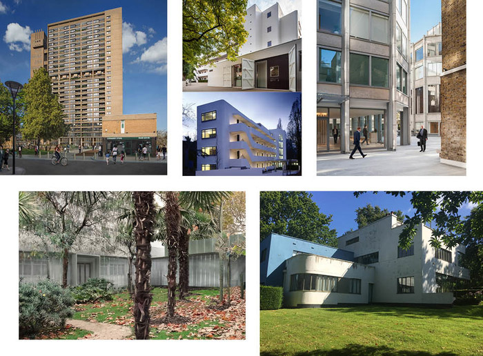 Balfron Tower (top left), Isokon Flats (top middle), Smithson Plaza (top right), Kensal House (bottom left) and High Cross House (bottom right)