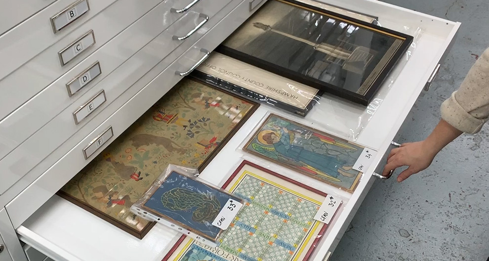 Opening a drawer of the RIBA Collections at the Piper Centre