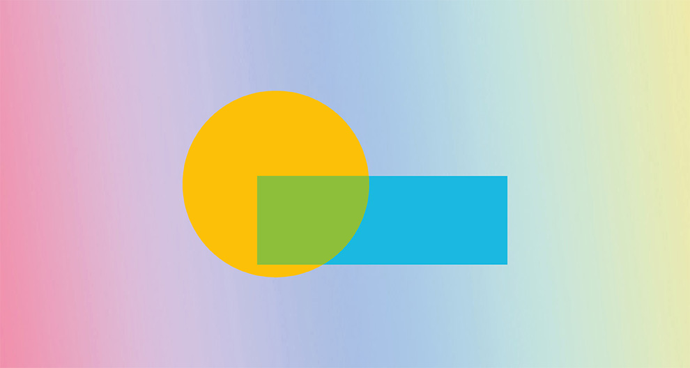 Rainbow gradient background with yellow circle and blue rectangle Building Stories logo