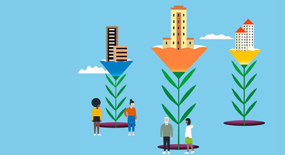 Guerilla Tactics cartoon graphic of housing growing out of plants