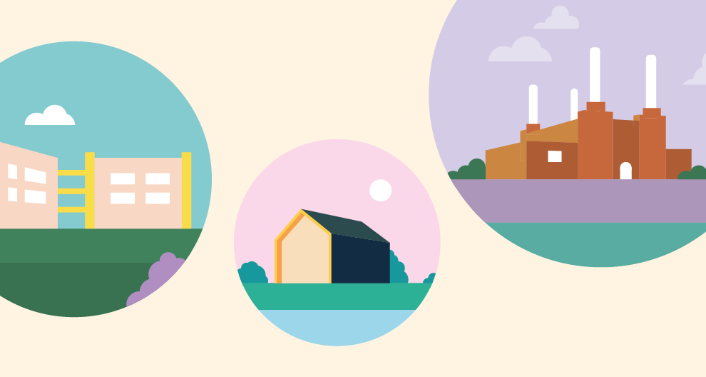 Three circles on a beige background, with a simple graphic of a building in each circle