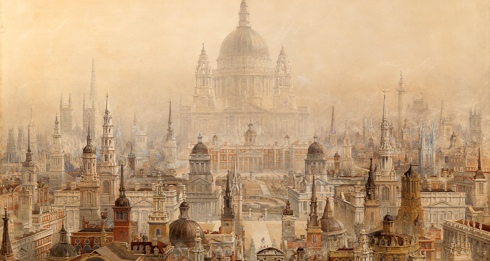 A Tribute to Sir Christopher Wren by Charles Robert Cockerell - symmetrical illustrated composition of Wren's churches of London