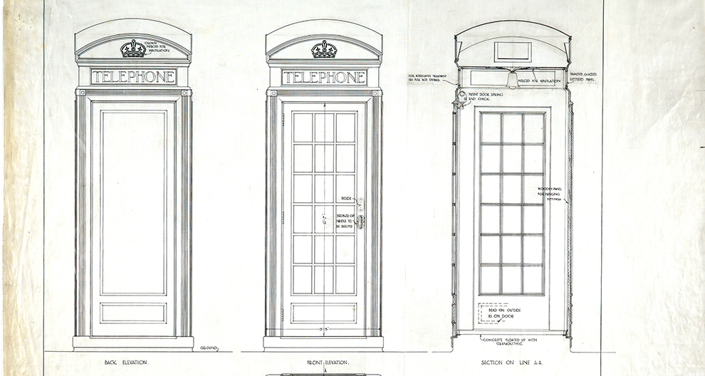 Design for GPO telephone kiosk number 2: plan, elevations and section