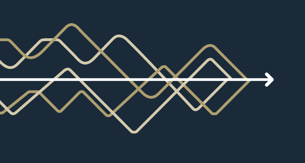 Horizons 2034 multicoloured gold and white graph lines with white arrow on navy background