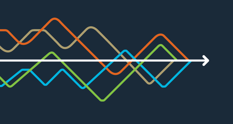 Horizons 2034 multicoloured graph lines with white arrow on navy background