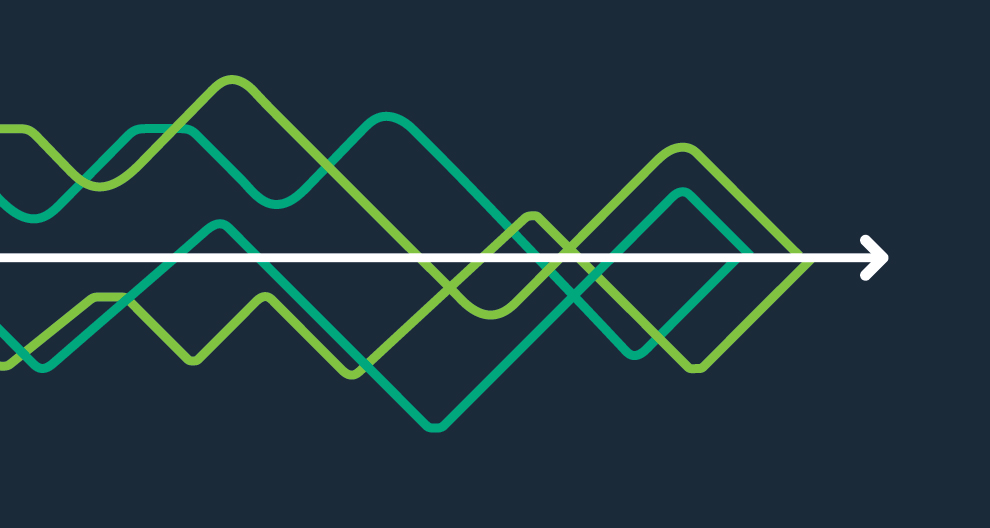 Horizons 2034 multicoloured green graph lines with white arrow on navy background