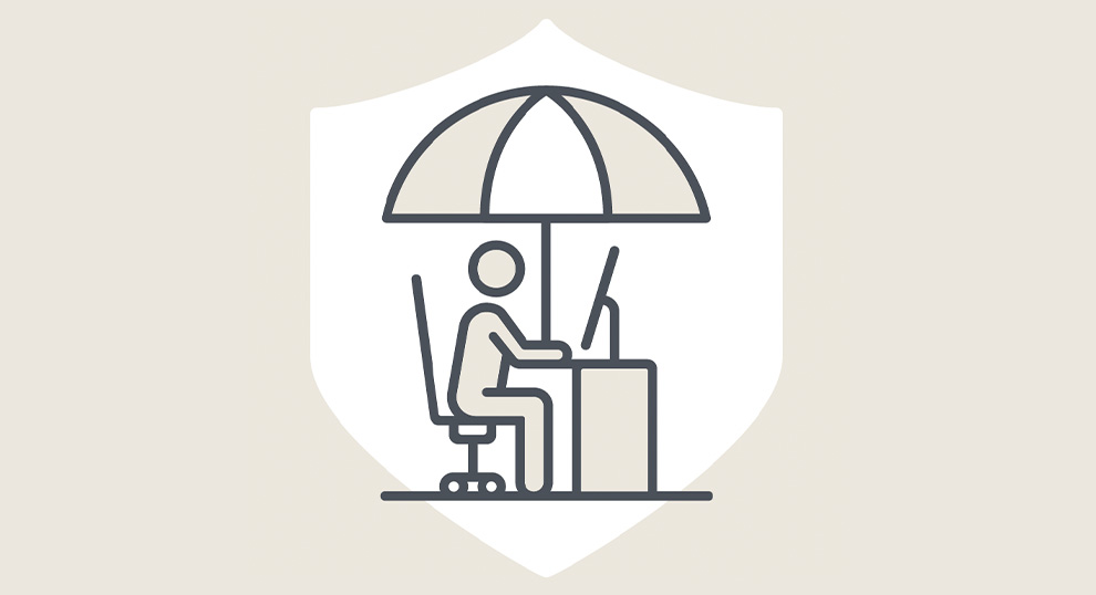 Shield shaped graphic with a stick figure sitting at a desk with an umbrella, on a beige background