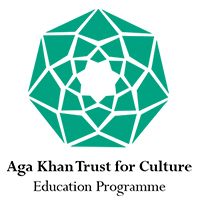 Green geometric emblem with Aga Khan Trust for Culture - Education Programme text below in black