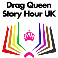 Drag Queen Story Hour UK logo - pink crown in the middle of a rainbow book