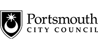 Portsmouth City Council logo with sun and moon coat of arms on left, black on white background