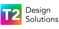 White T2 logo in rainbow box with Design Solutions in black text to the right