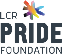 LCR Pride Foundation dark grey logo with asterisks symbol in the progress rainbow pride flag colours 